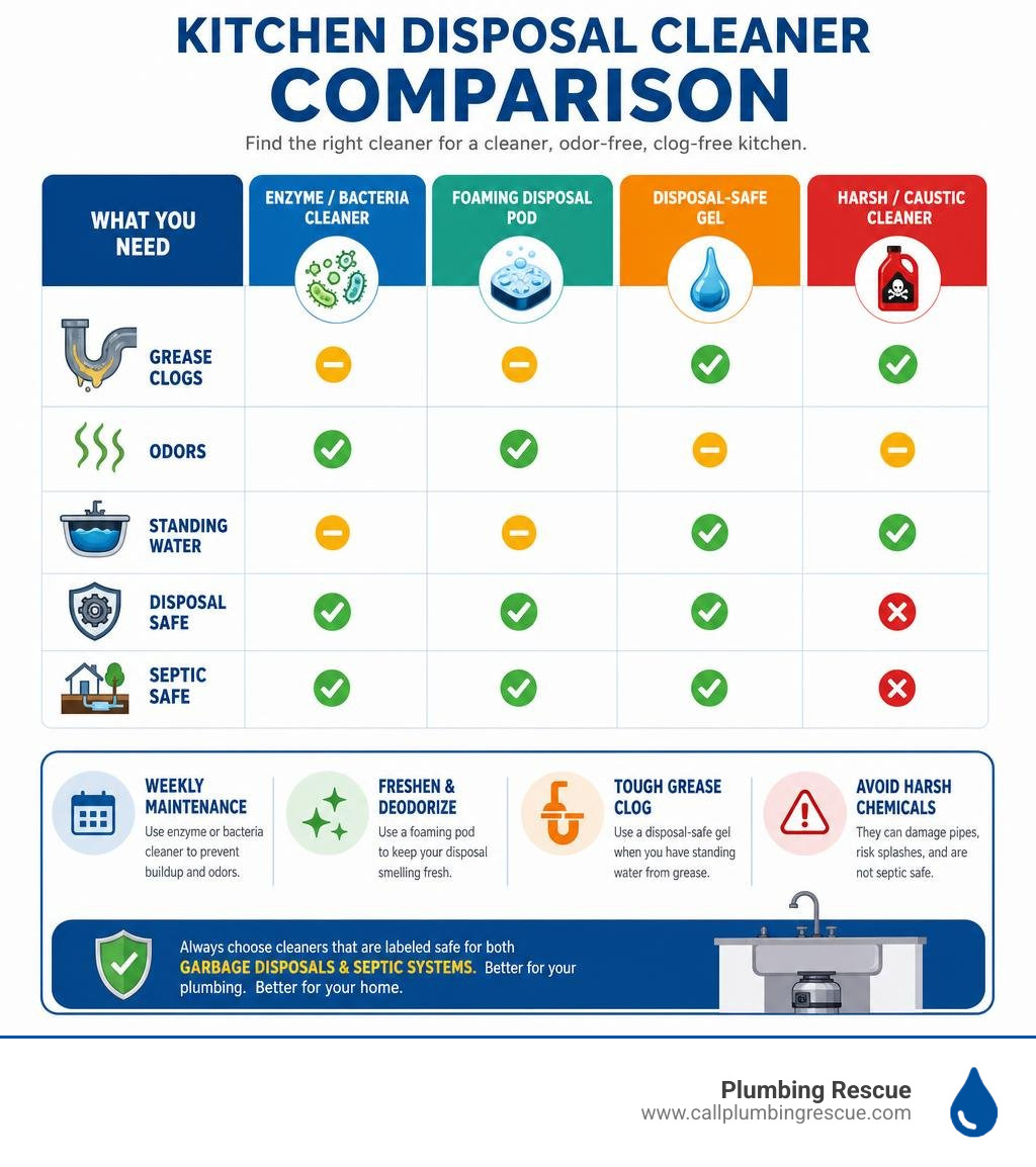 Kitchen disposal cleaner comparison for grease clogs odors standing water and septic safety infographic