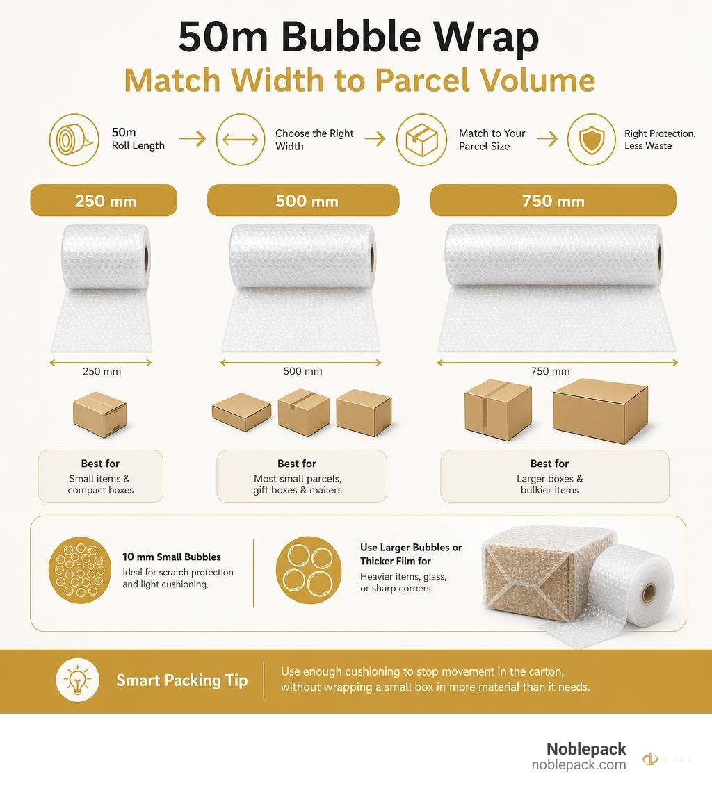 Infographic matching 50m bubble wrap width and parcel volume infographic Infographic matching 50m bubble wrap width and parcel volume infographic