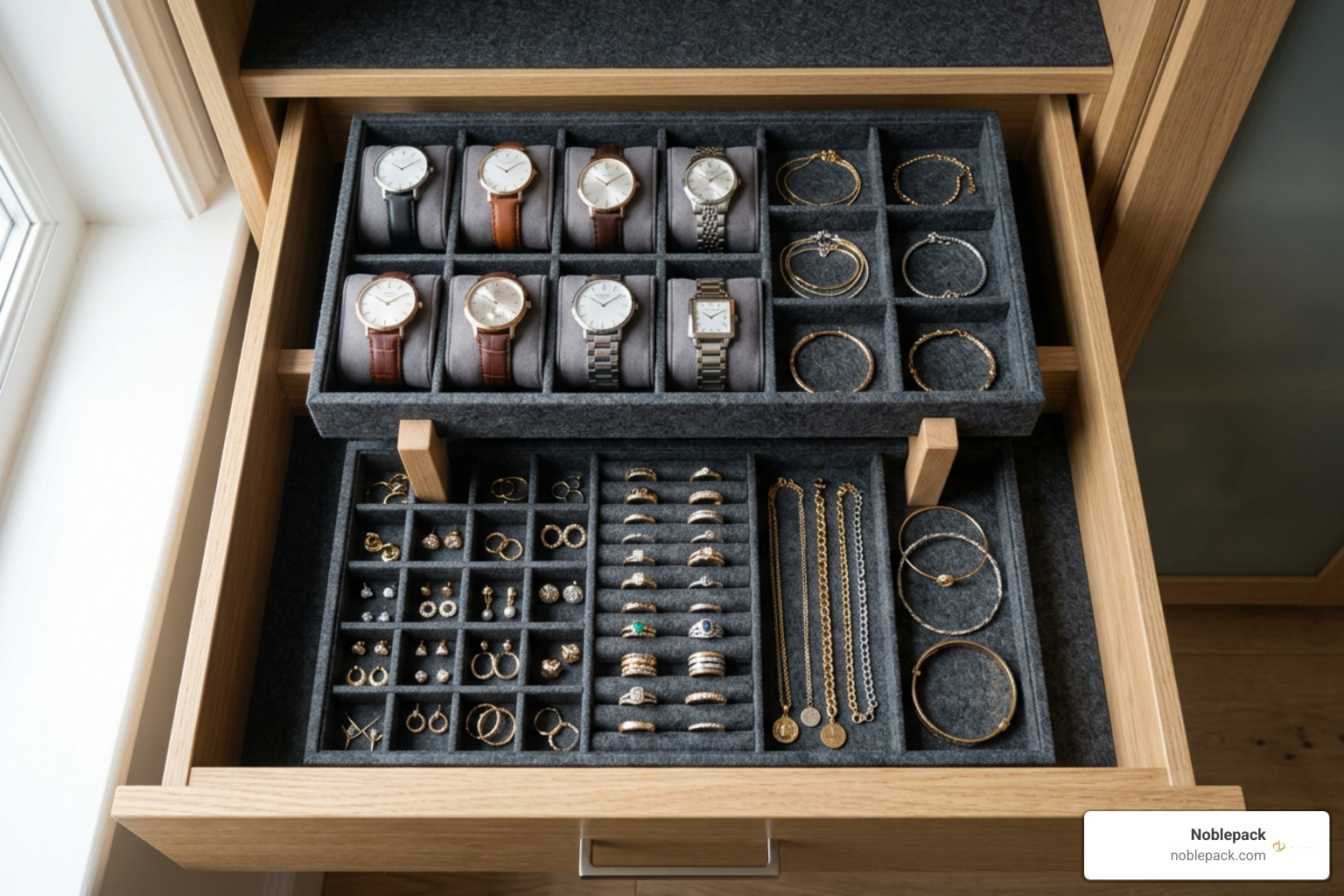 stacked multi-tier jewelry trays inside a deep wardrobe drawer
