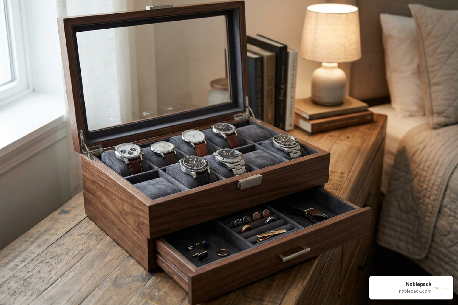 multi tier watch box with an open valet drawer