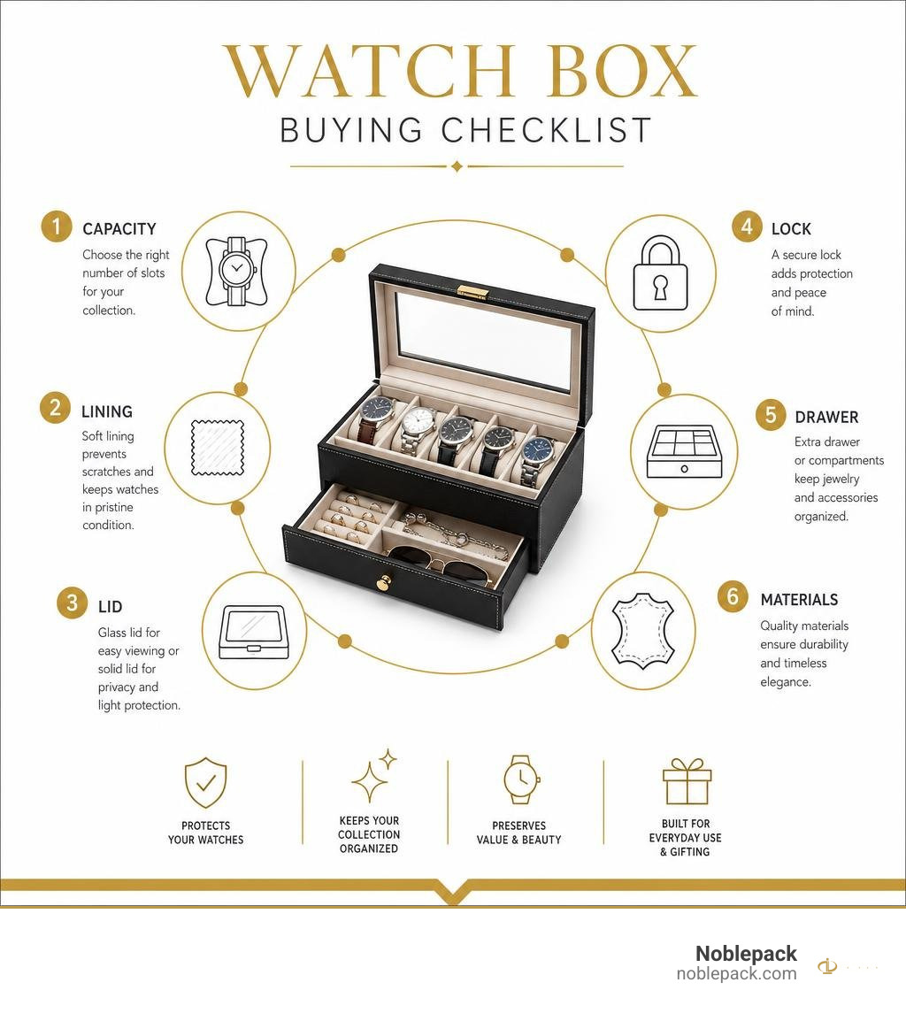 Watch box buying checklist: capacity, lining, lid, lock, drawer, and materials infographic