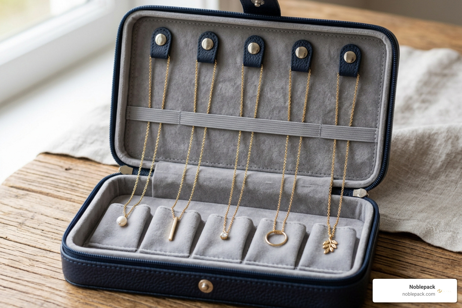 Secured necklace chains fastened and tucked into travel organizer compartments Secured necklace chains fastened and tucked into travel organizer compartments