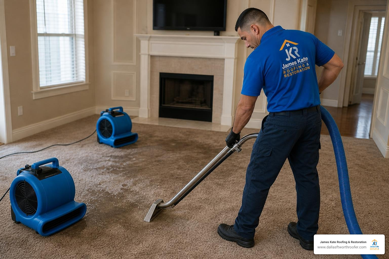 Commercial water extraction wands and air movers drying residential carpet Commercial water extraction wands and air movers drying residential carpet