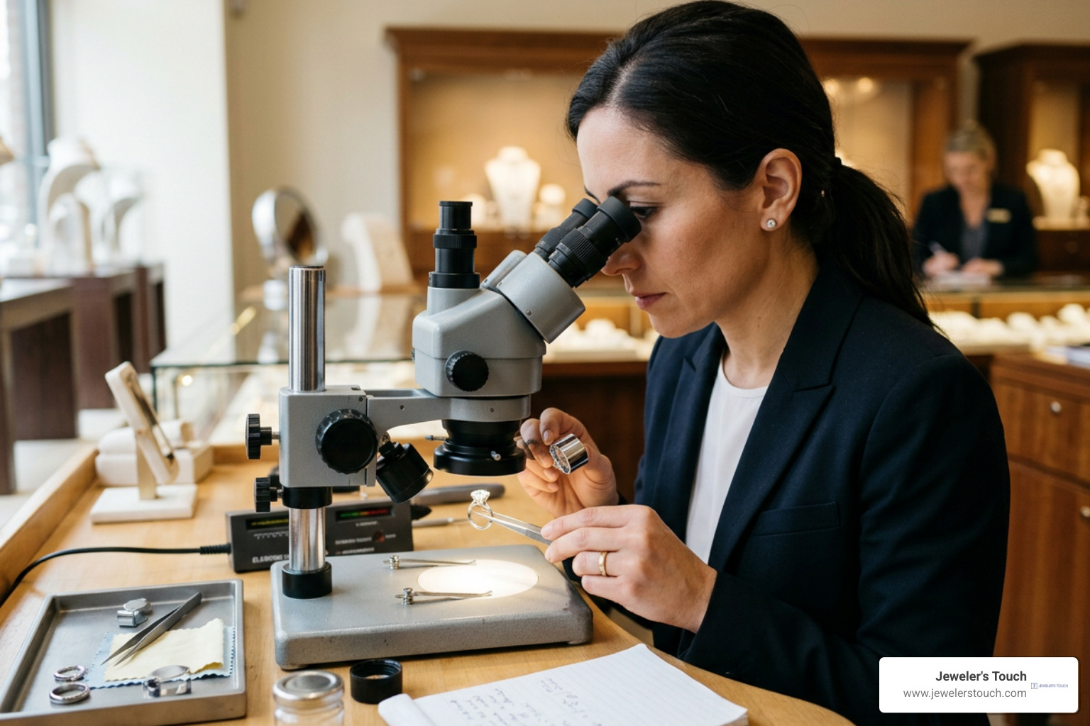 Jewelry appraiser inspecting a fine ring under a gemological microscope