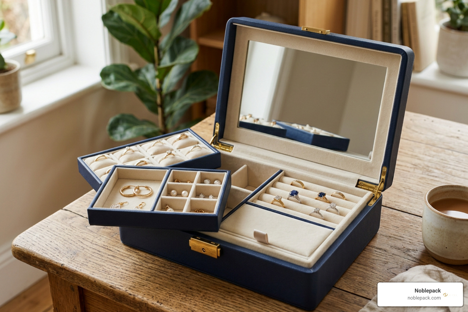 Structured jewelry box opening with modular trays and ring cushions Structured jewelry box opening with modular trays and ring cushions