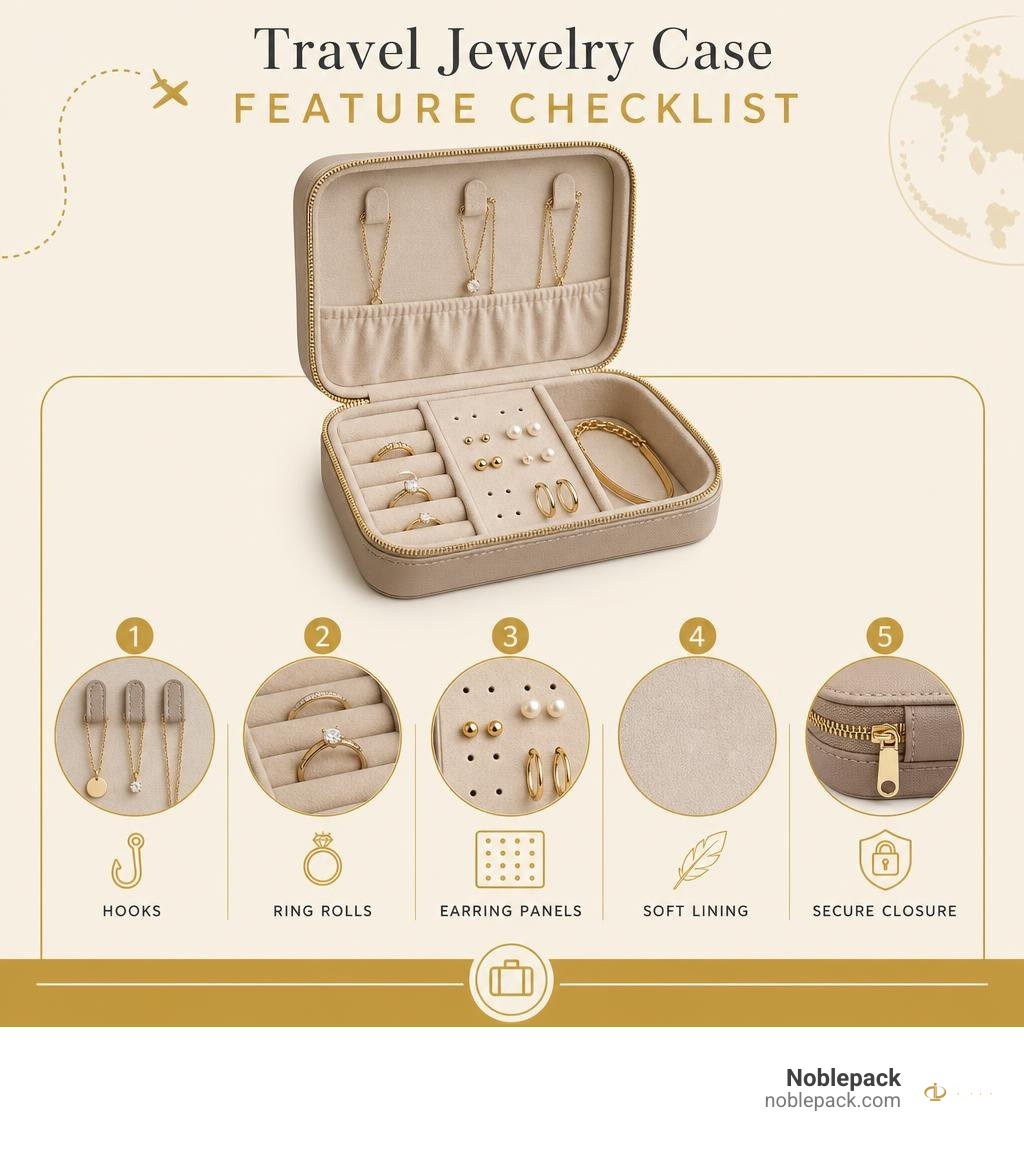 Travel jewelry case feature checklist: hooks, ring rolls, earring panels, soft lining, secure closure infographic Travel jewelry case feature checklist: hooks, ring rolls, earring panels, soft lining, secure closure infographic