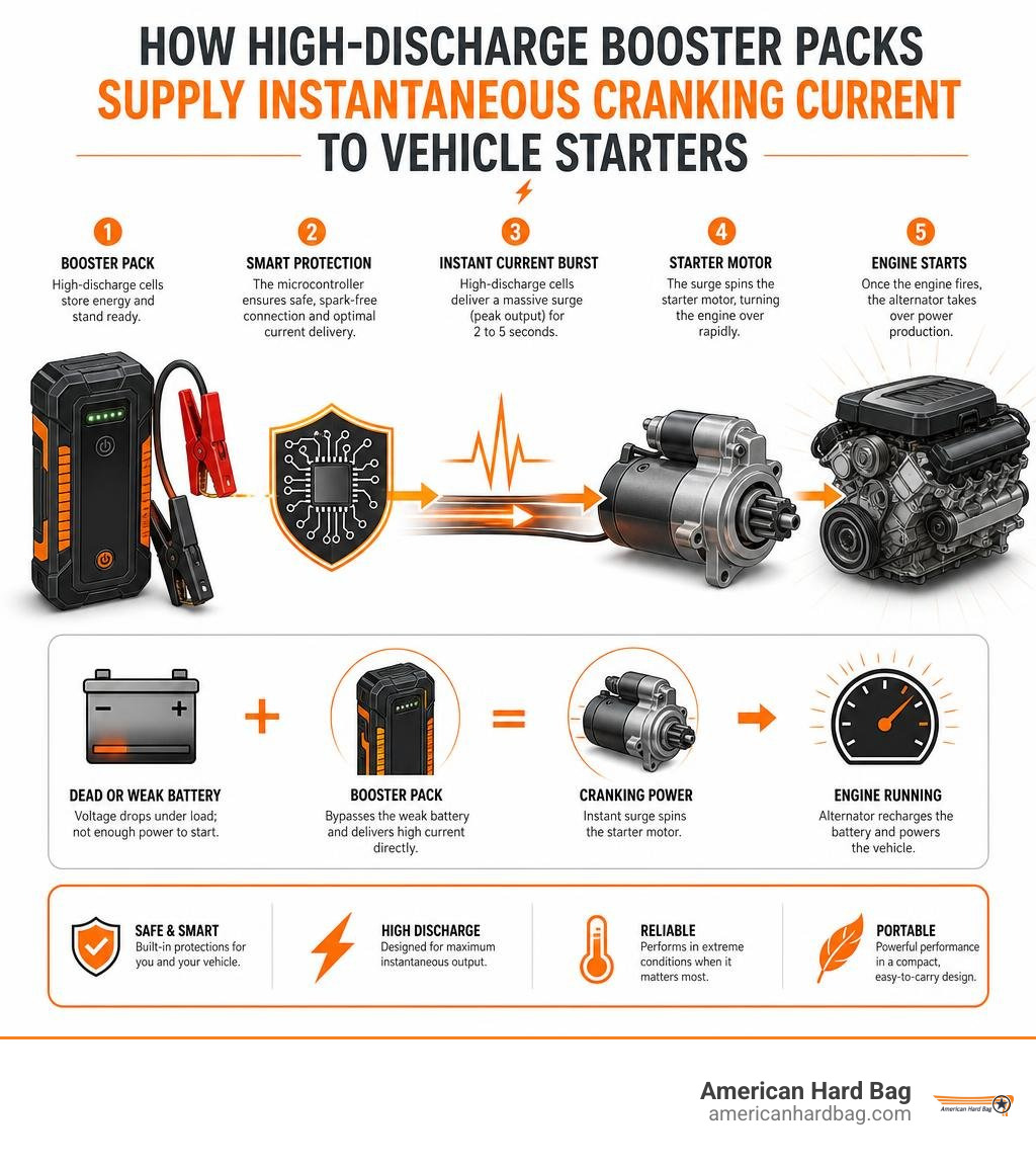 How high-discharge booster packs supply instantaneous cranking current to vehicle starters infographic How high-discharge booster packs supply instantaneous cranking current to vehicle starters infographic