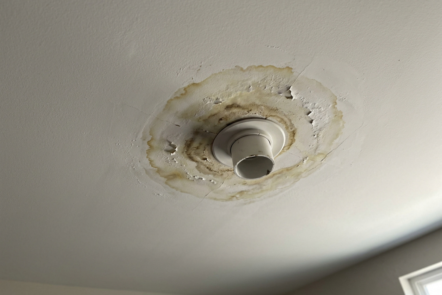 water rings forming on a ceiling near a plumbing stack