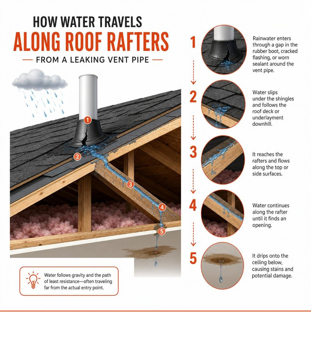 How water travels along roof rafters from a leaking vent pipe infographic