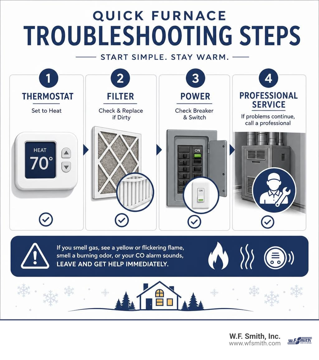 Quick furnace troubleshooting steps: thermostat, filter, power, professional service infographic