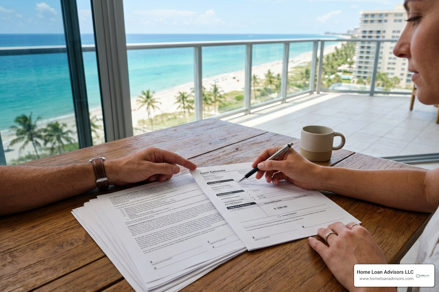 Mortgage closing documents and loan estimate review with Florida coastal view Mortgage closing documents and loan estimate review with Florida coastal view