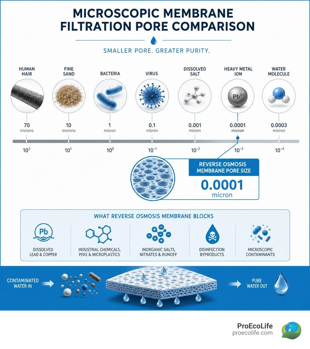 microscopic membrane filtration pore comparison infographic