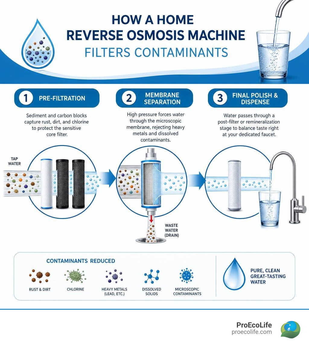 how a home reverse osmosis machine filters contaminants infographic