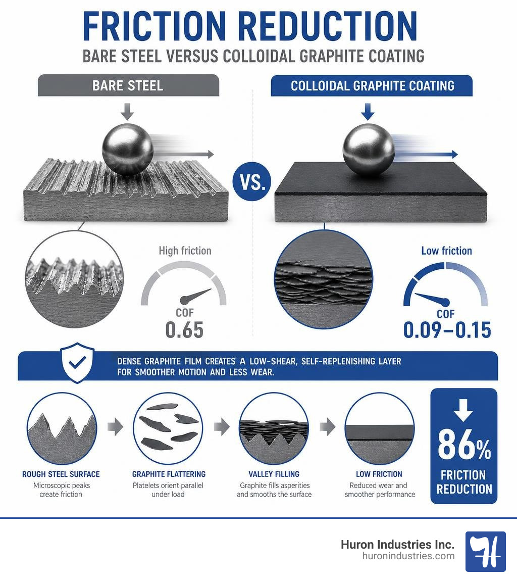 Friction reduction: bare steel versus colloidal graphite coating infographic Friction reduction: bare steel versus colloidal graphite coating infographic