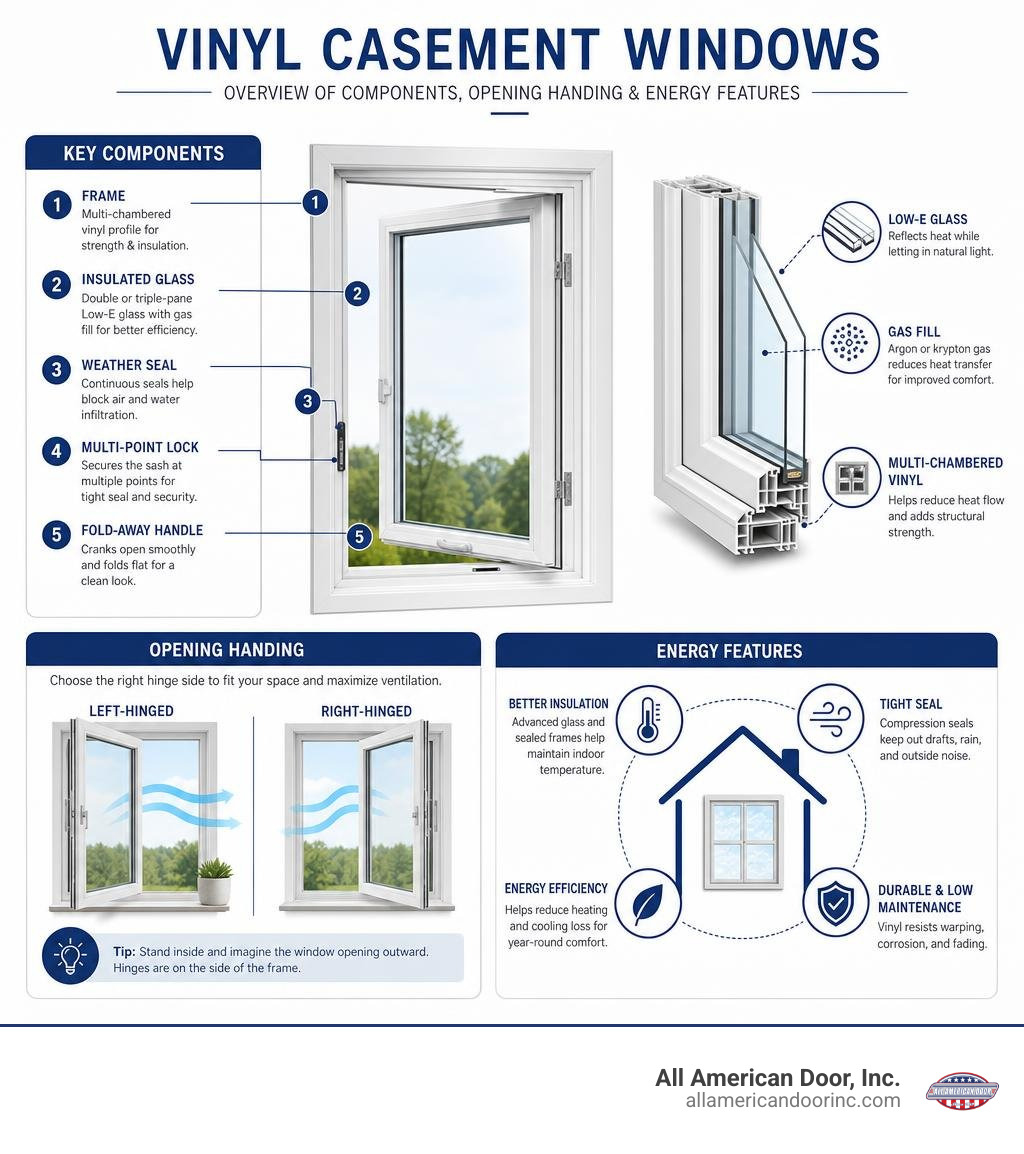 Overview of vinyl casement window components, opening handing, and energy features infographic Overview of vinyl casement window components, opening handing, and energy features infographic