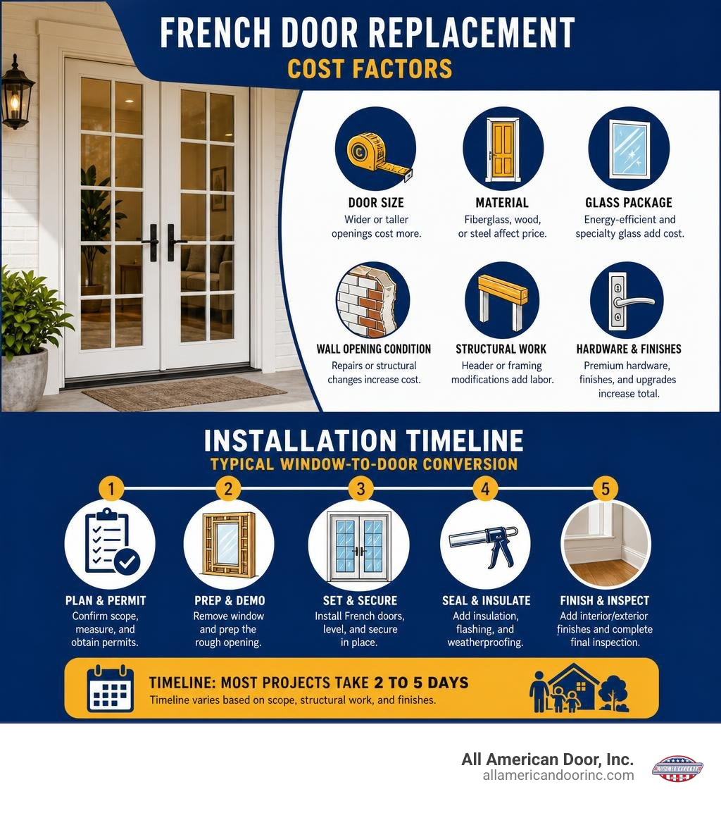 French door replacement cost factors and installation timeline infographic French door replacement cost factors and installation timeline infographic