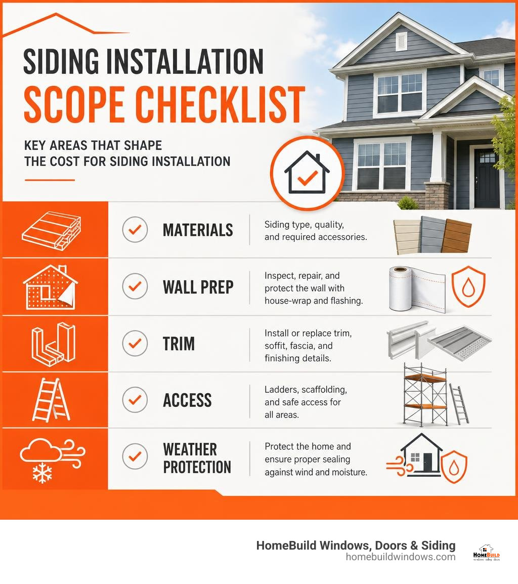 Siding installation scope checklist: materials, wall prep, trim, access, and weather protection infographic Siding installation scope checklist: materials, wall prep, trim, access, and weather protection infographic