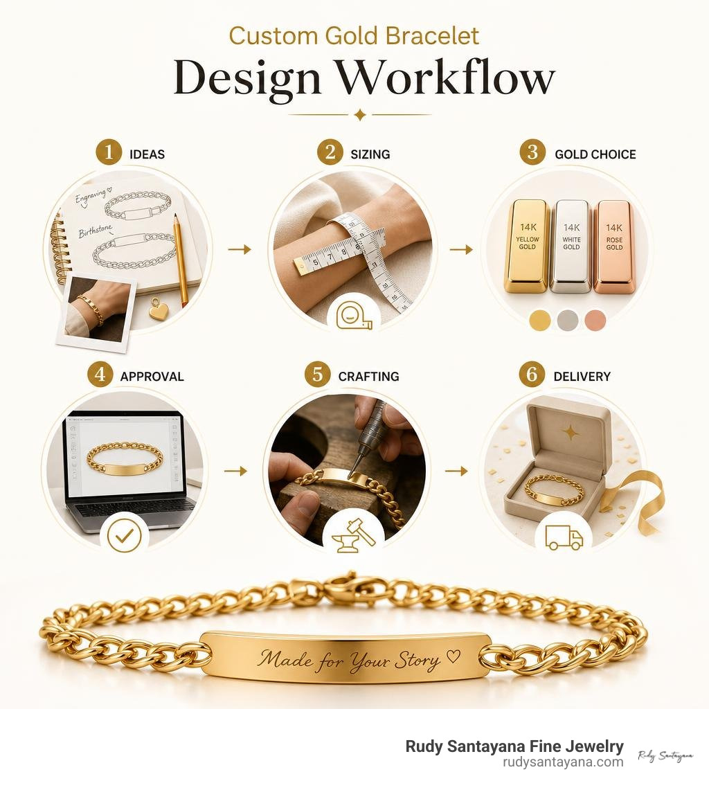 Custom gold bracelet design workflow: ideas, sizing, gold choice, approval, crafting, delivery infographic Custom gold bracelet design workflow: ideas, sizing, gold choice, approval, crafting, delivery infographic