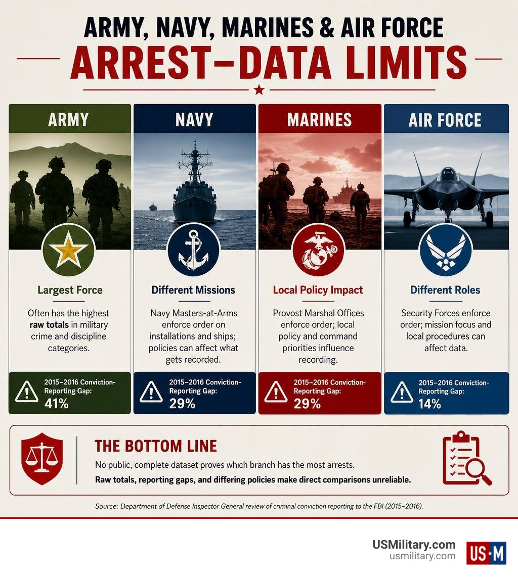 Infographic comparing Army, Navy, Marines, and Air Force arrest-data limits infographic Infographic comparing Army, Navy, Marines, and Air Force arrest-data limits infographic