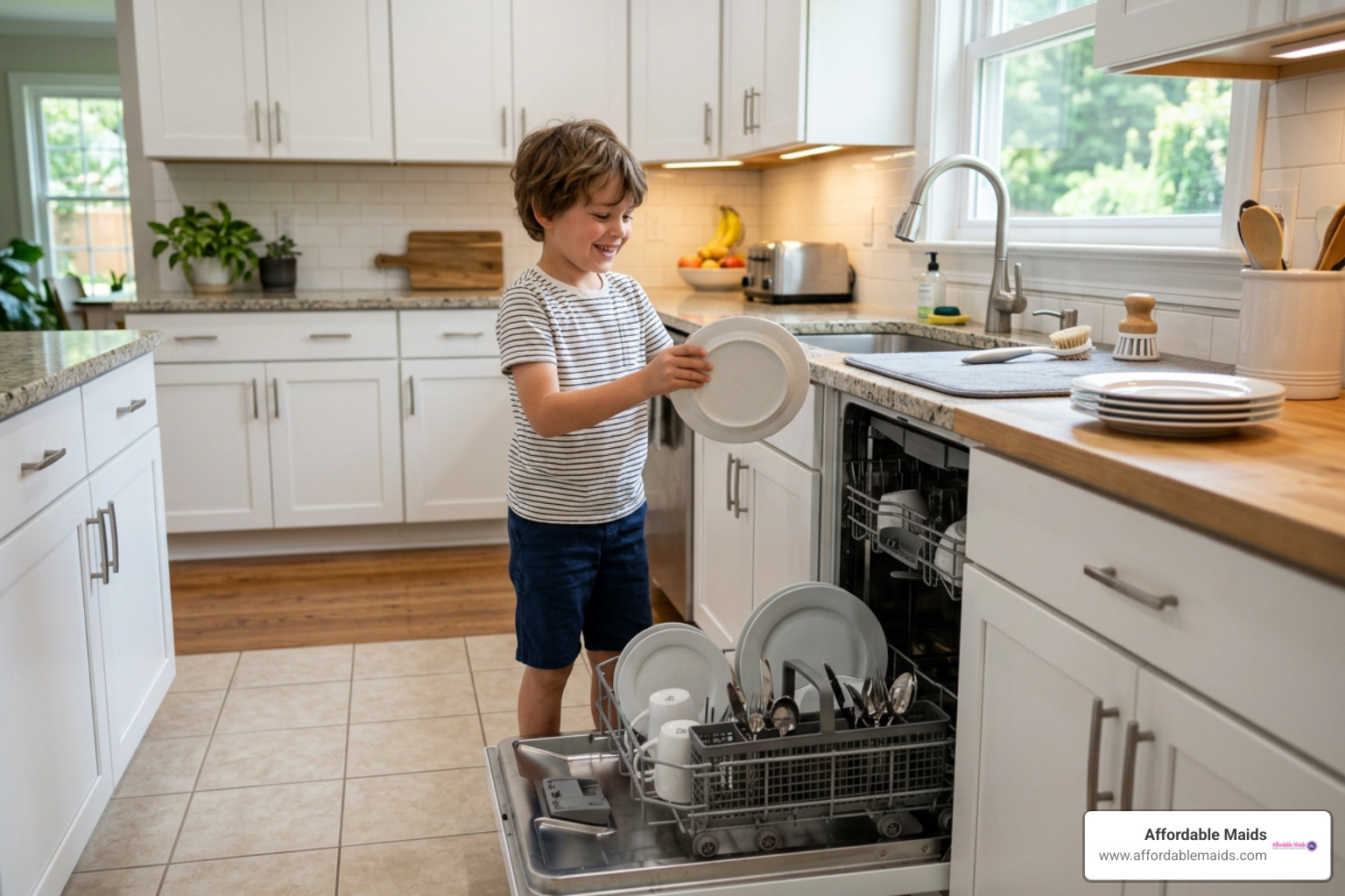 elementary school child unloading dishes from dishwasher elementary school child unloading dishes from dishwasher