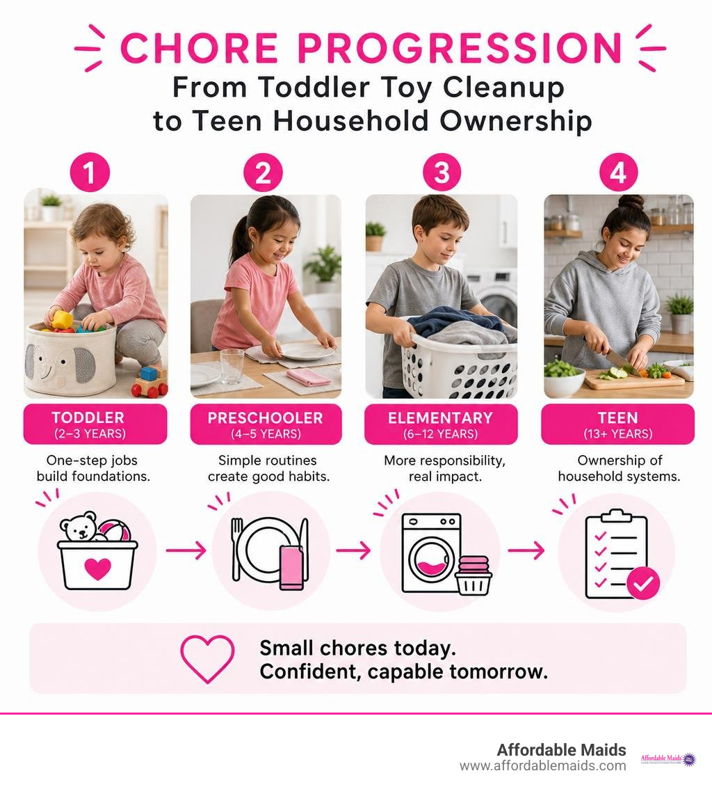 Chore progression from toddler toy cleanup to teen household ownership infographic Chore progression from toddler toy cleanup to teen household ownership infographic