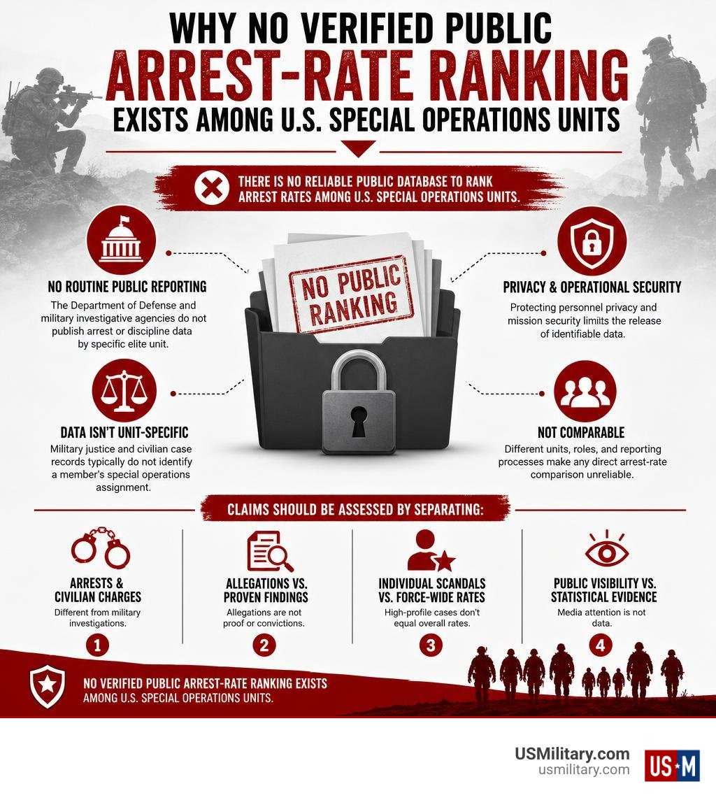 Infographic showing why no verified public arrest-rate ranking exists among U.S. special operations units infographic