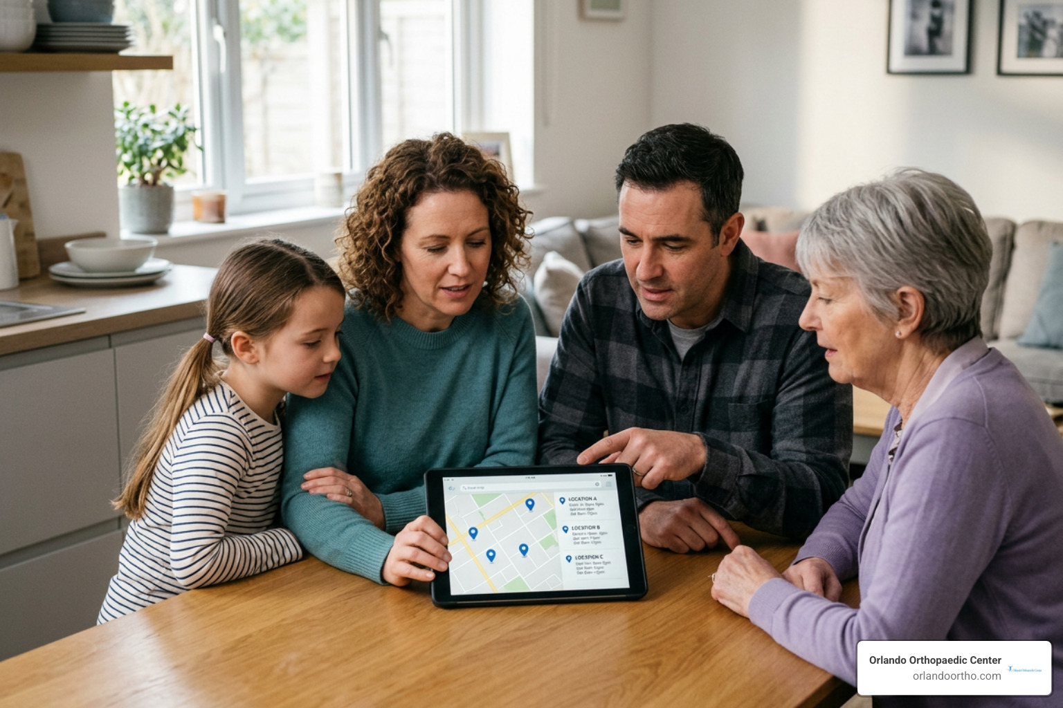 Family reviewing local clinic locations and hours on a digital tablet Family reviewing local clinic locations and hours on a digital tablet