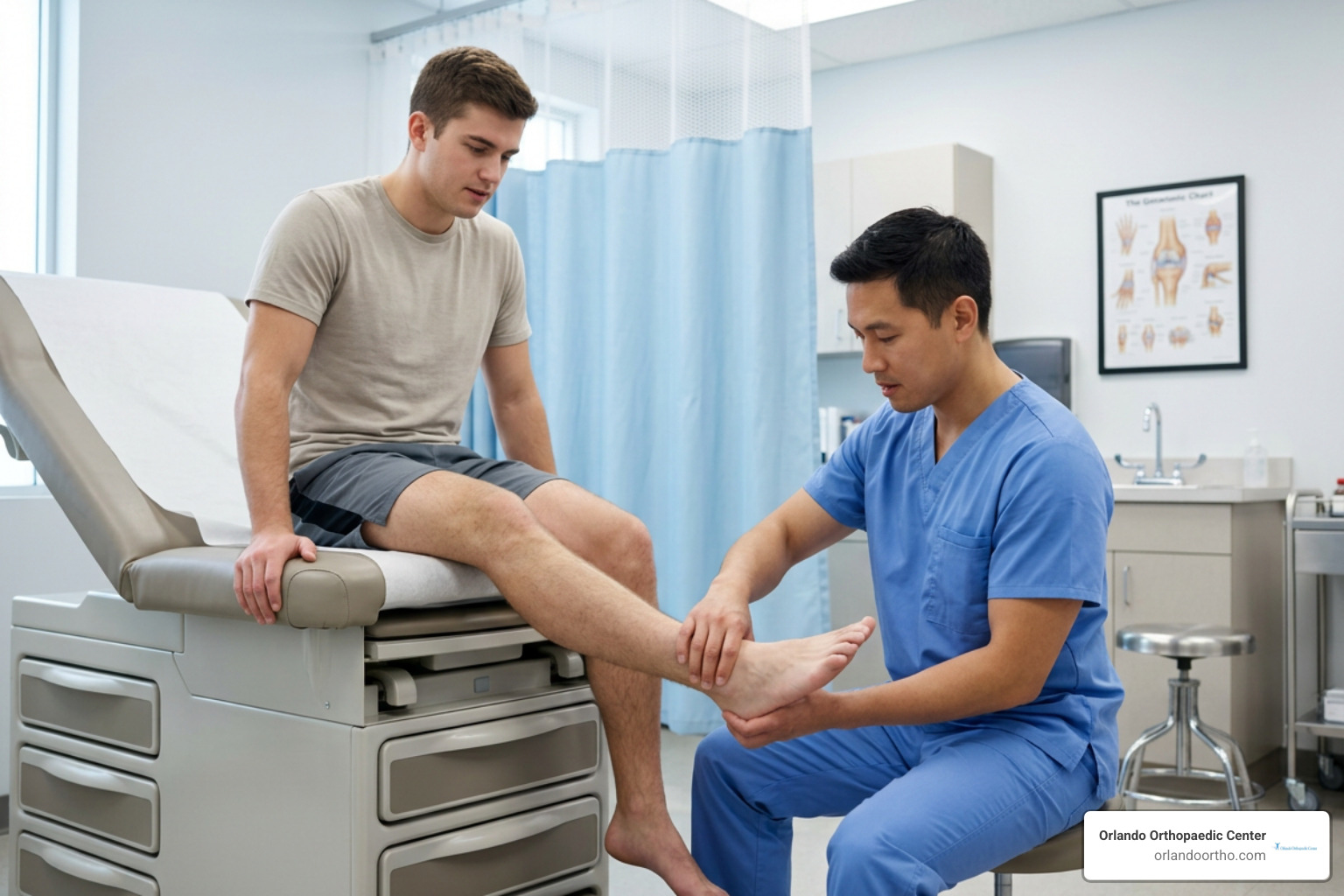 Clinician evaluating an active patient with ankle pain in an exam room Clinician evaluating an active patient with ankle pain in an exam room