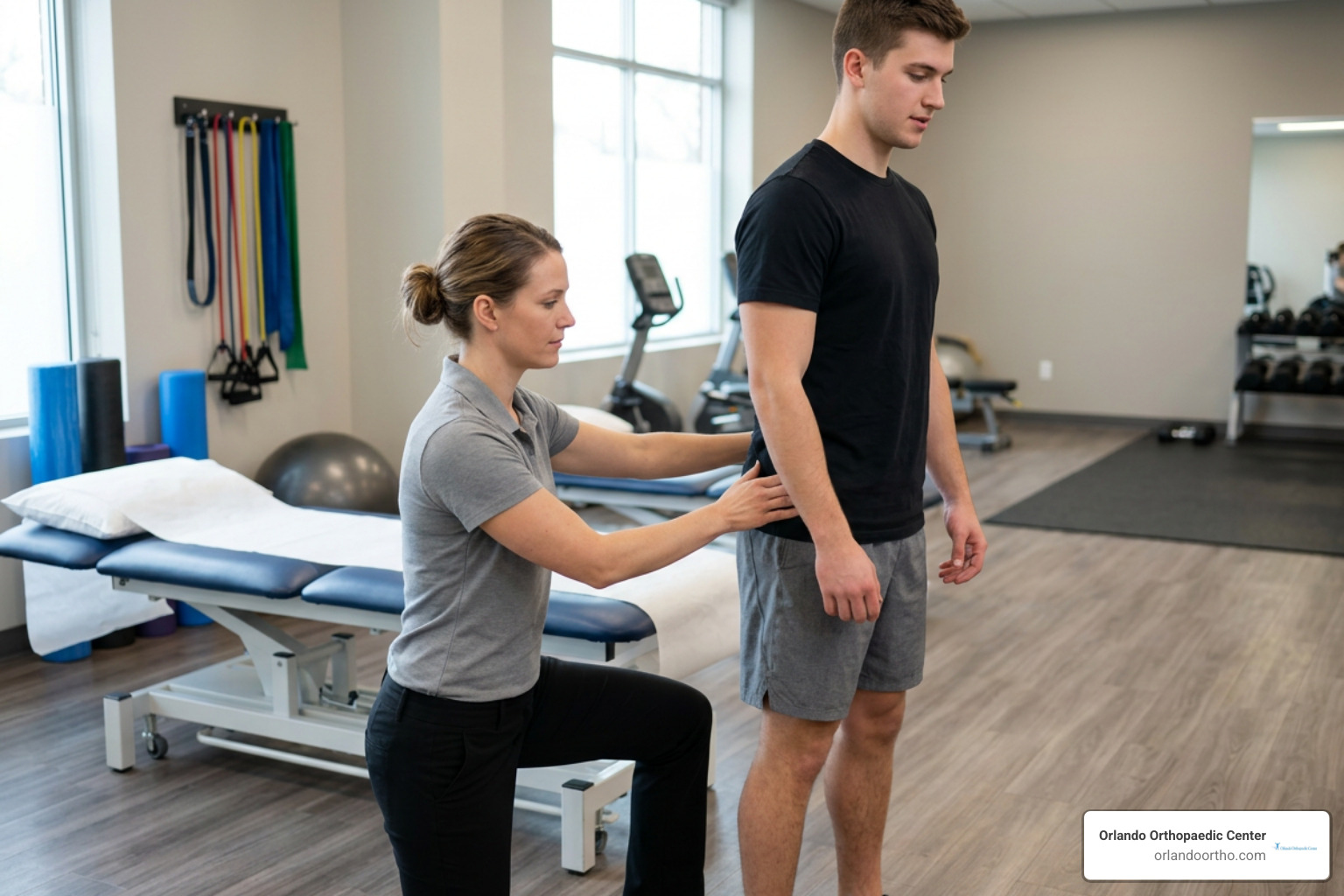 Physical therapist guiding an athlete through movement assessment Physical therapist guiding an athlete through movement assessment