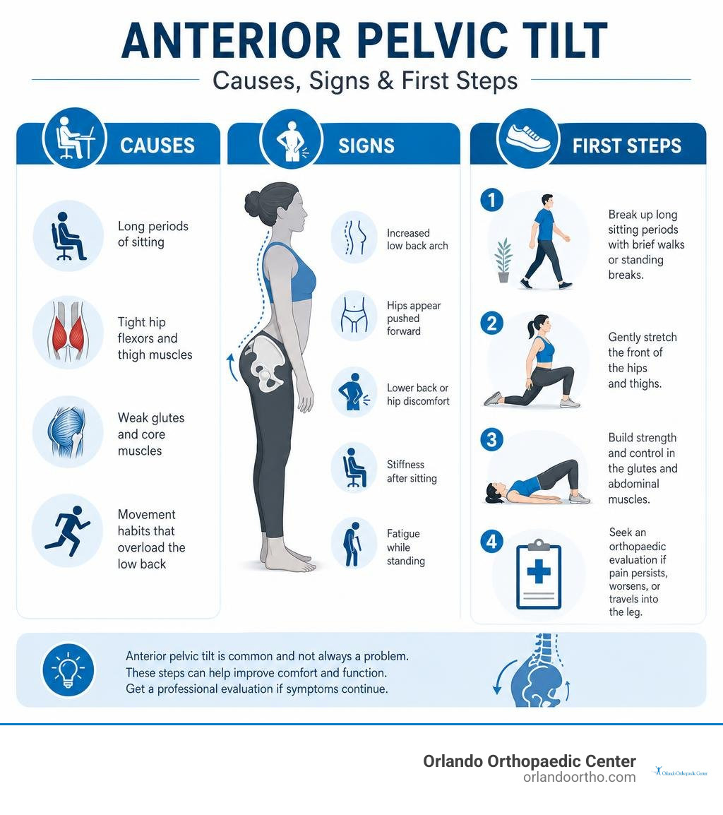 Infographic showing causes, signs, and first steps for anterior pelvic tilt infographic Infographic showing causes, signs, and first steps for anterior pelvic tilt infographic