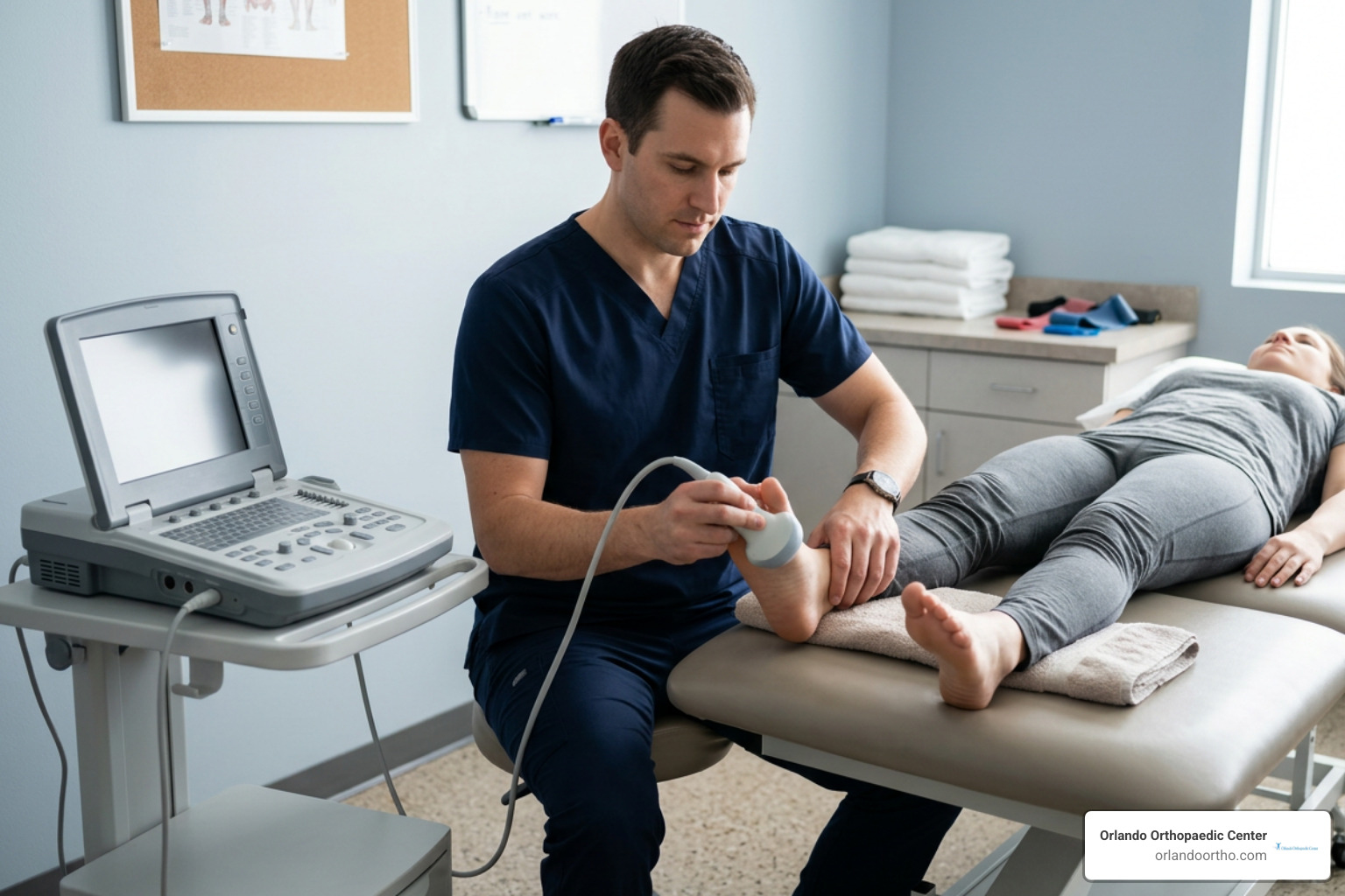 physical therapist applying therapeutic soundwave therapy to a patient's foot physical therapist applying therapeutic soundwave therapy to a patient's foot