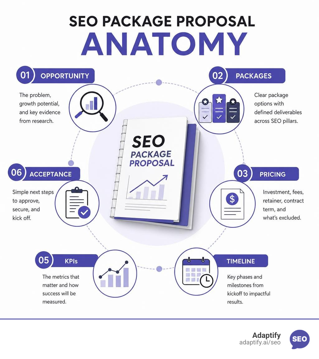 SEO package proposal anatomy: opportunity, packages, pricing, timeline, KPIs, acceptance infographic