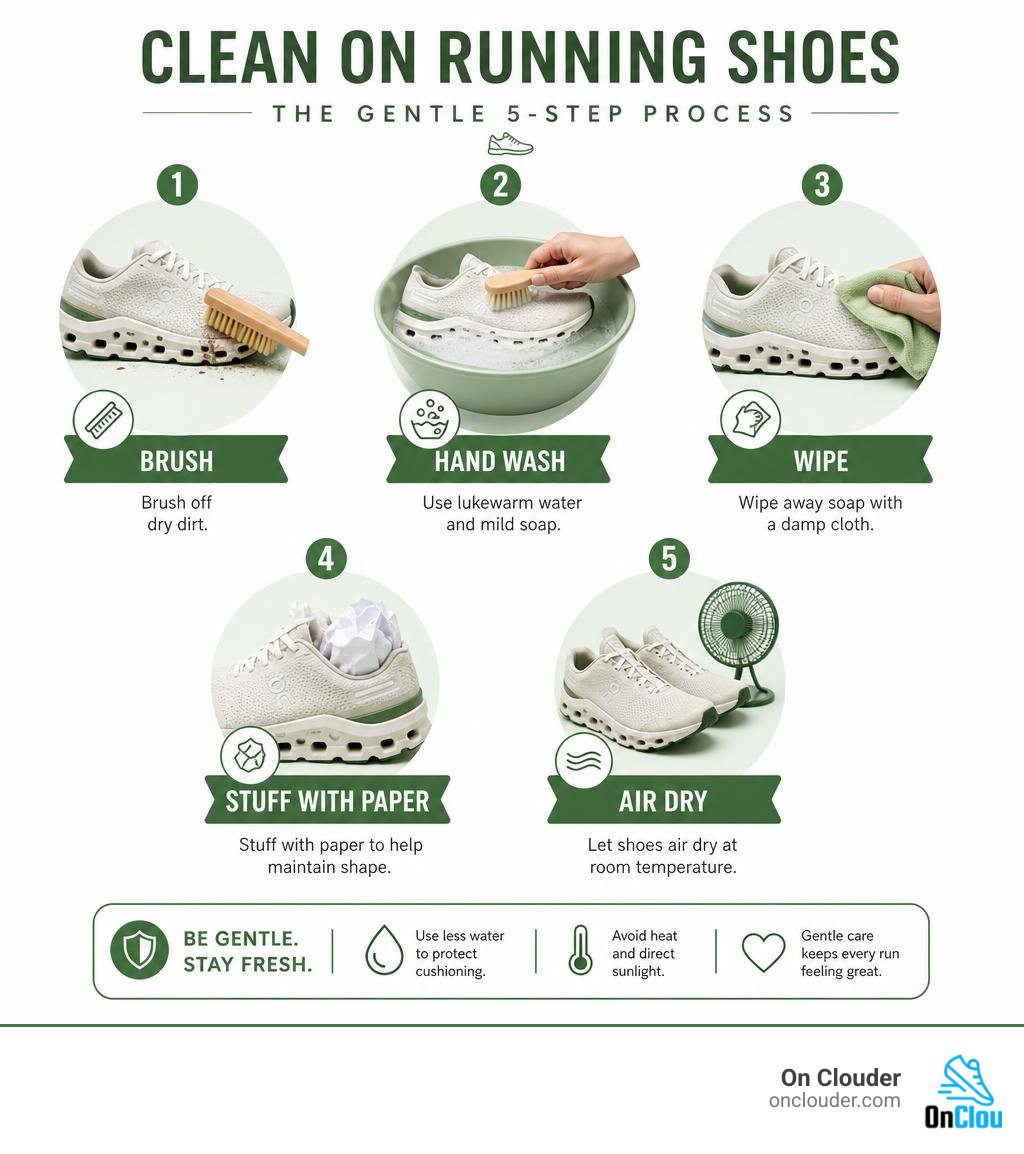 On running shoe cleaning process: brush, hand wash, wipe, stuff with paper, air dry infographic On running shoe cleaning process: brush, hand wash, wipe, stuff with paper, air dry infographic