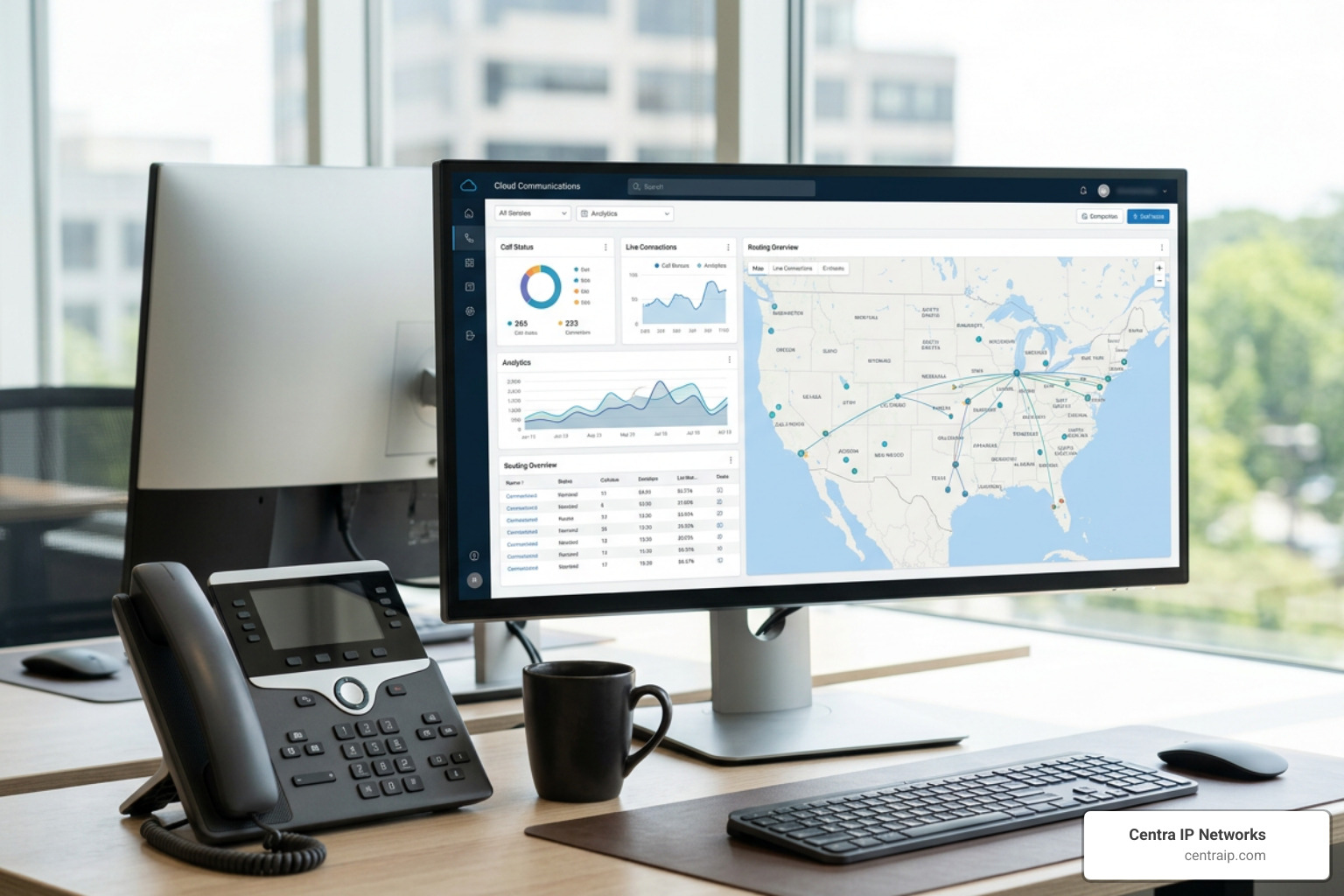 modern cloud PBX dashboard showing live call routing and analytics modern cloud PBX dashboard showing live call routing and analytics