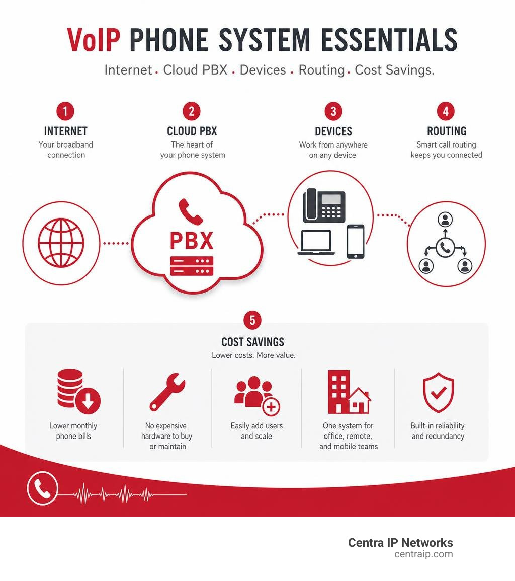 VoIP phone system essentials: internet, cloud PBX, devices, routing, and cost savings infographic VoIP phone system essentials: internet, cloud PBX, devices, routing, and cost savings infographic