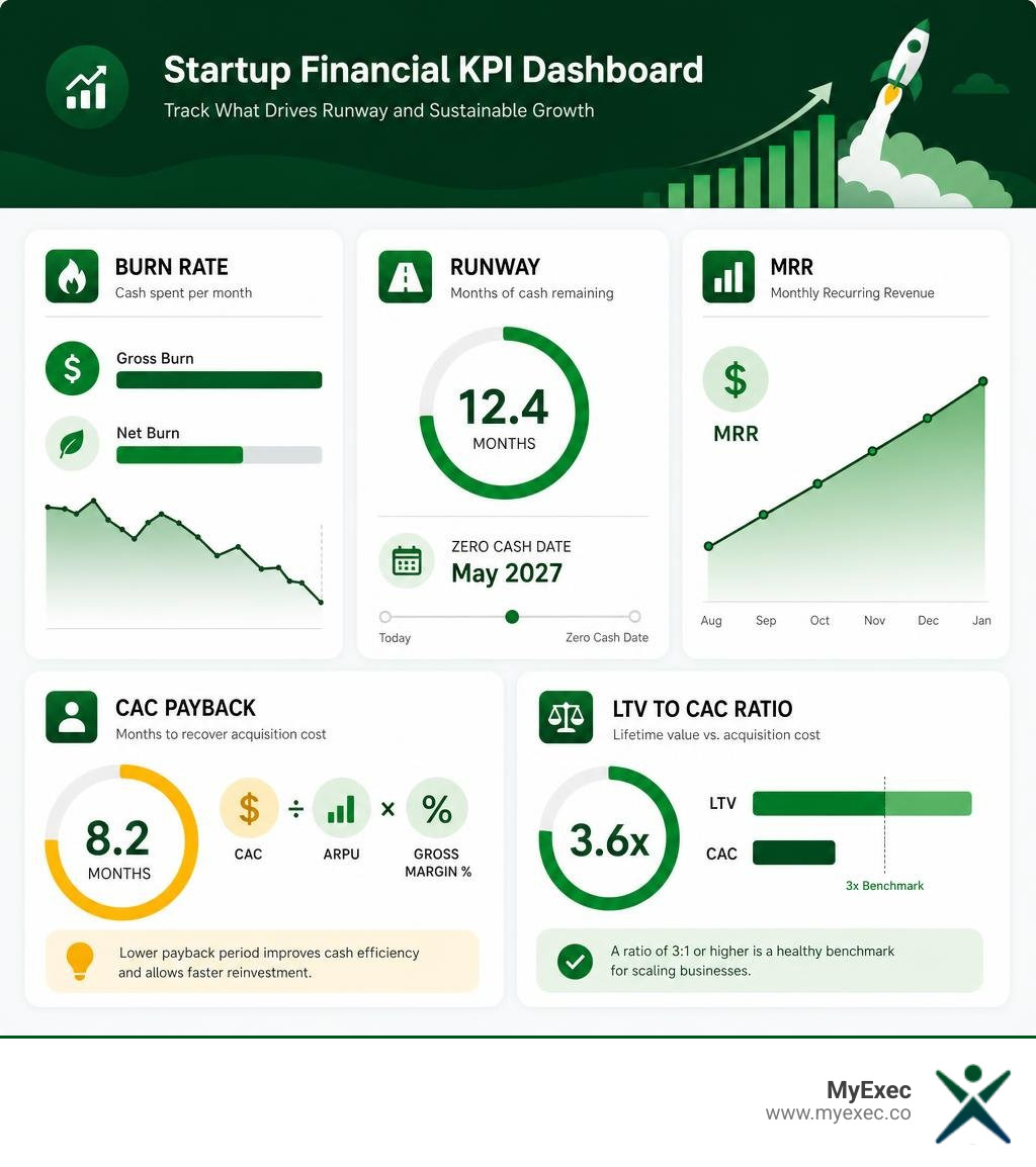 Example startup financial KPI dashboard showing burn rate, runway, MRR, CAC payback, and LTV to CAC metrics infographic