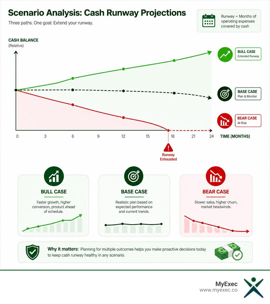 Scenario analysis chart illustrating Base, Bull, and Bear case cash runway projections infographic
