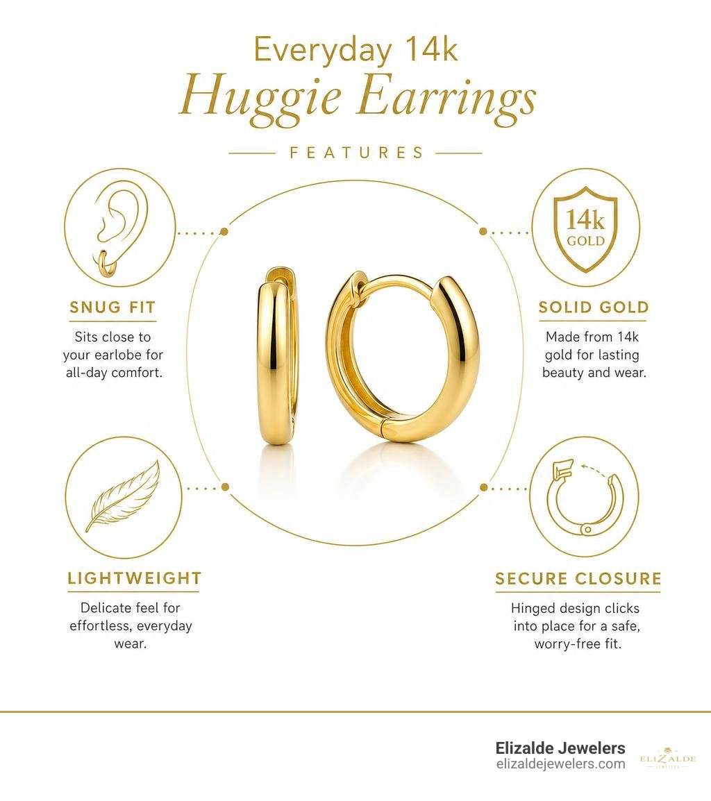 Everyday 14k huggie earrings features: snug fit, solid gold, lightweight, secure closure infographic