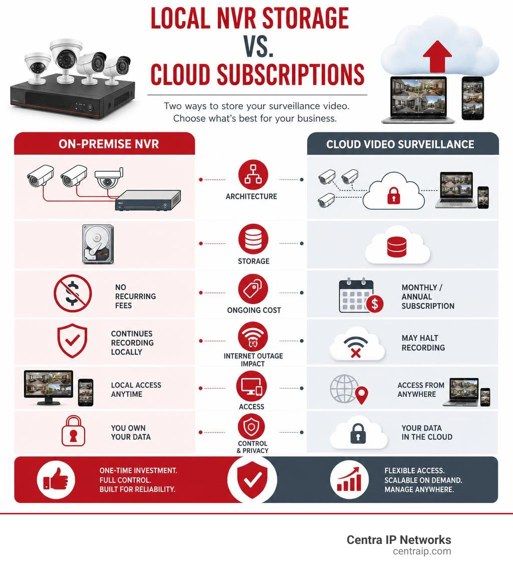 Comparison of local NVR storage versus cloud subscriptions infographic Comparison of local NVR storage versus cloud subscriptions infographic