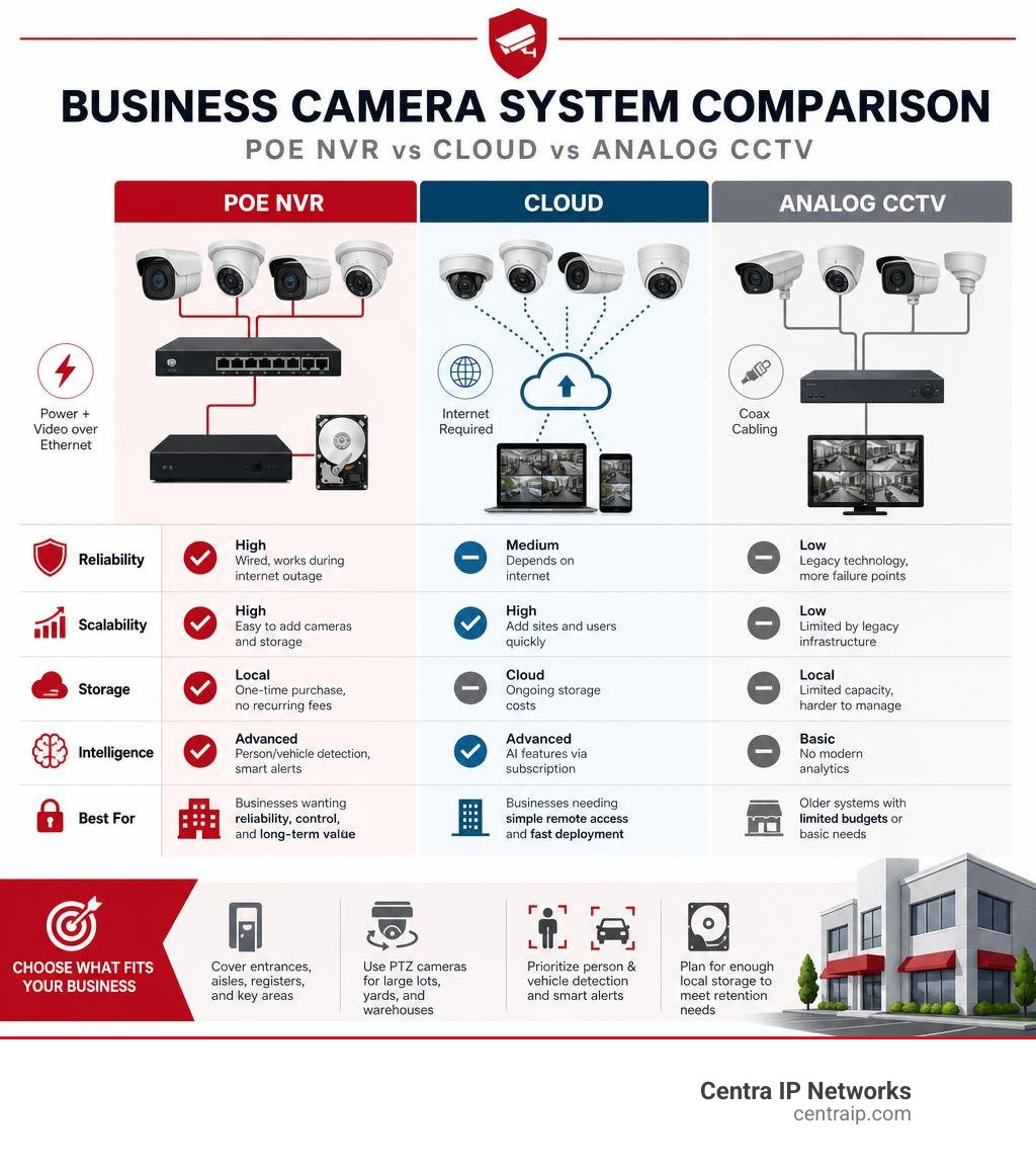 Business camera system comparison: PoE NVR, cloud, and analog CCTV infographic Business camera system comparison: PoE NVR, cloud, and analog CCTV infographic