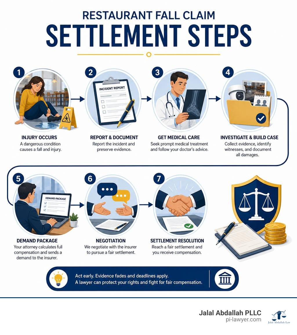 Restaurant fall claim settlement steps infographic Restaurant fall claim settlement steps infographic