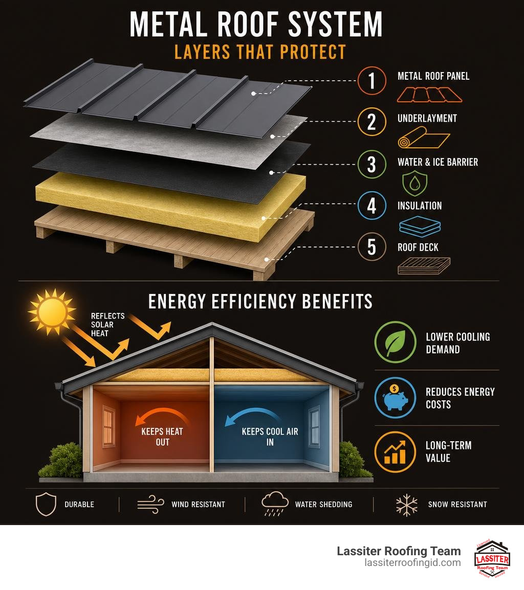 metal roof system layers and energy efficiency infographic