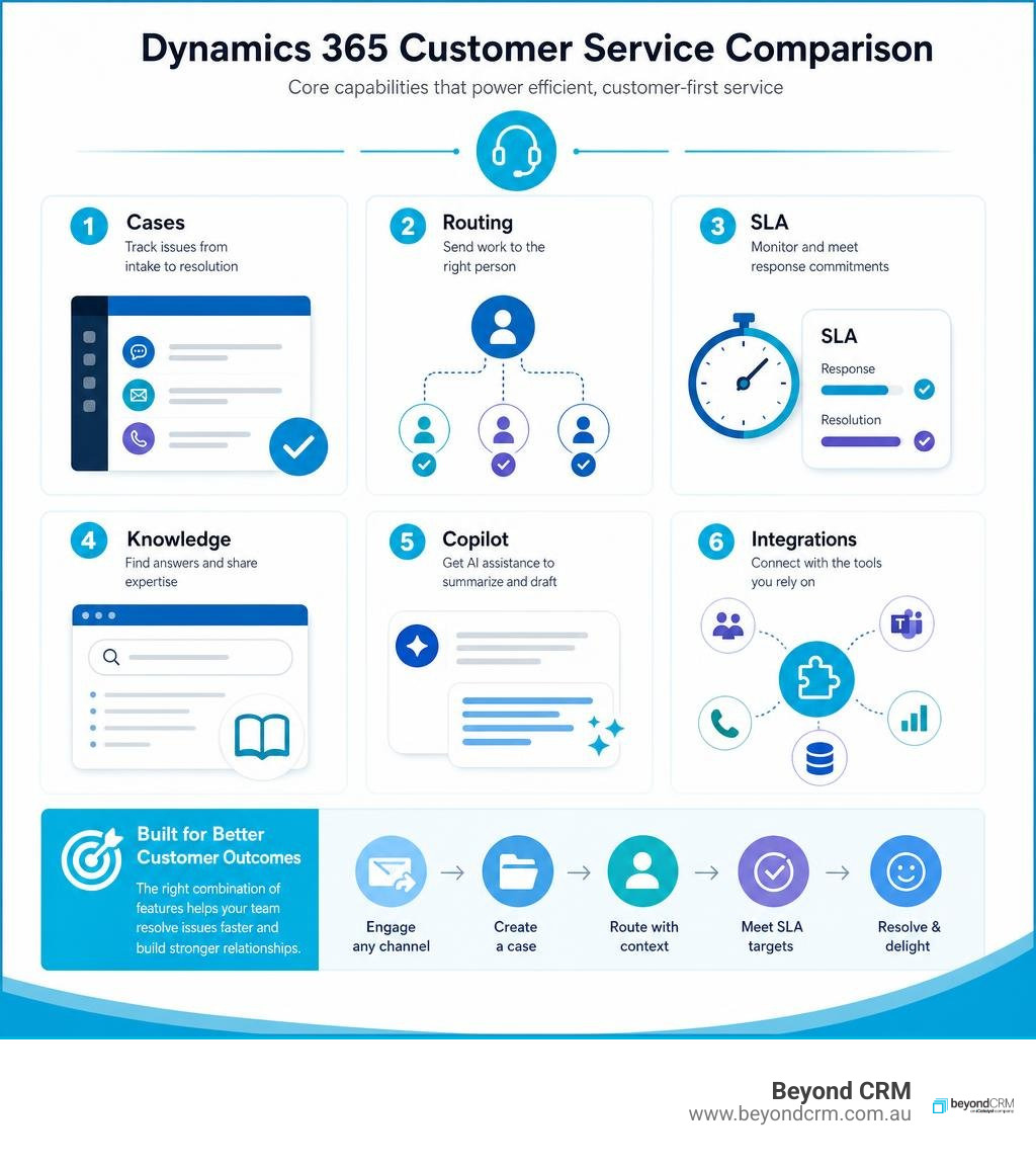 Dynamics 365 Customer Service comparison: cases, routing, SLA, knowledge, Copilot and integrations infographic