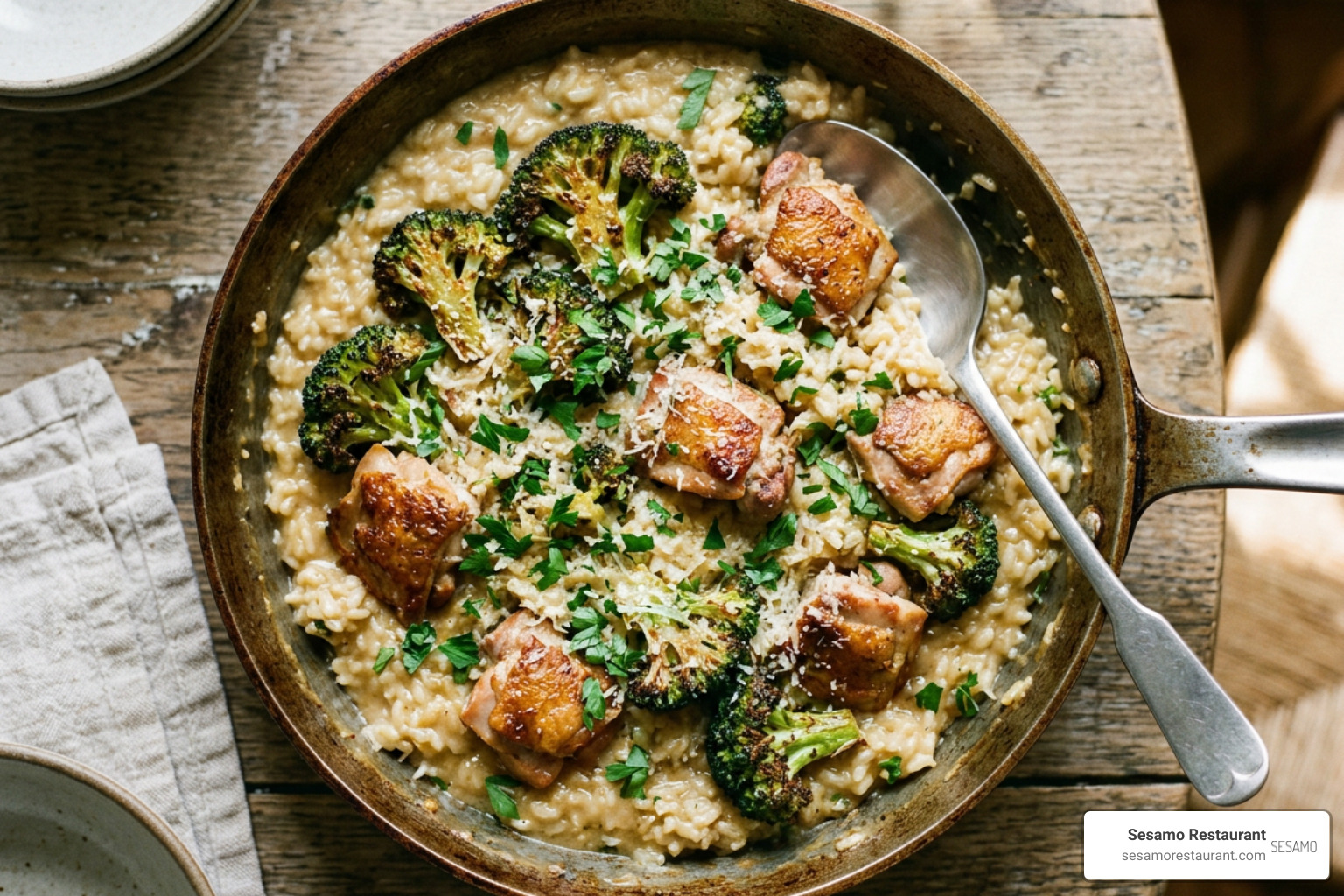 Roasted broccoli florets and seared chicken tossed into creamy risotto