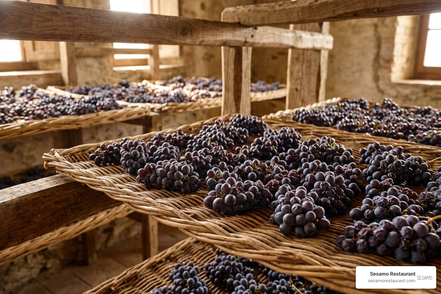 Grapes drying on wicker trellises Grapes drying on wicker trellises