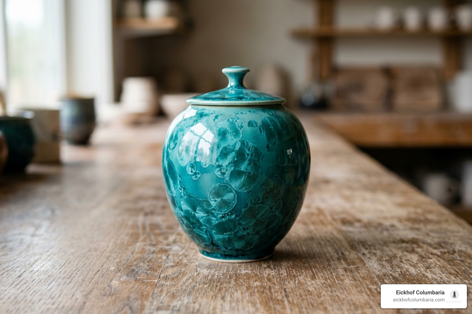 wheel thrown ceramic keepsake urn with crystalline teal glaze