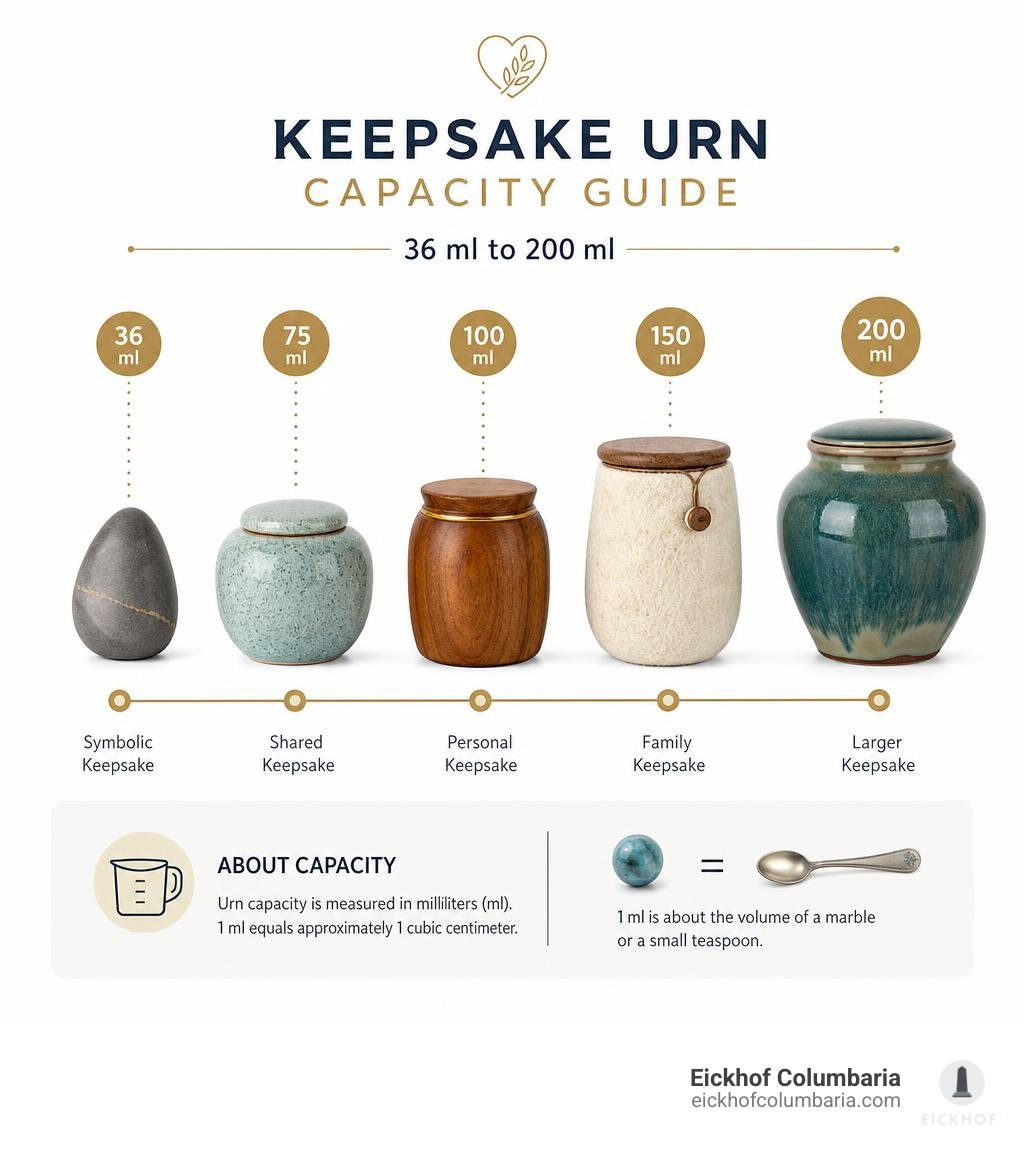 keepsake urn capacity guide from 36 ml to 200 ml infographic