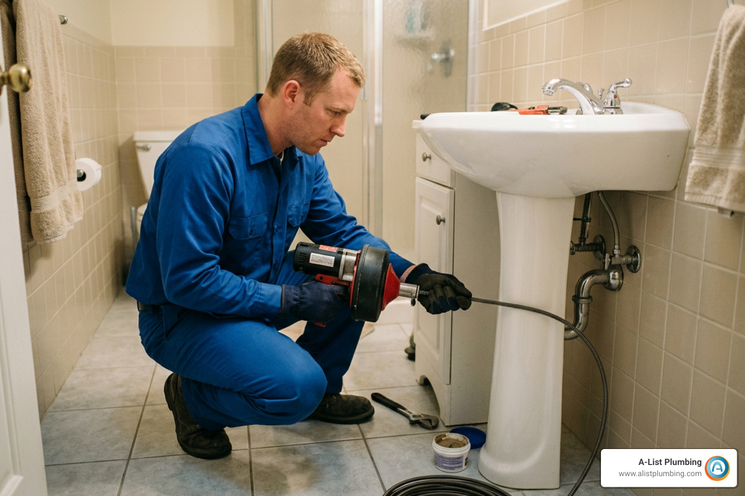 plumber clearing a clogged bathroom drain with a motorized drain snake