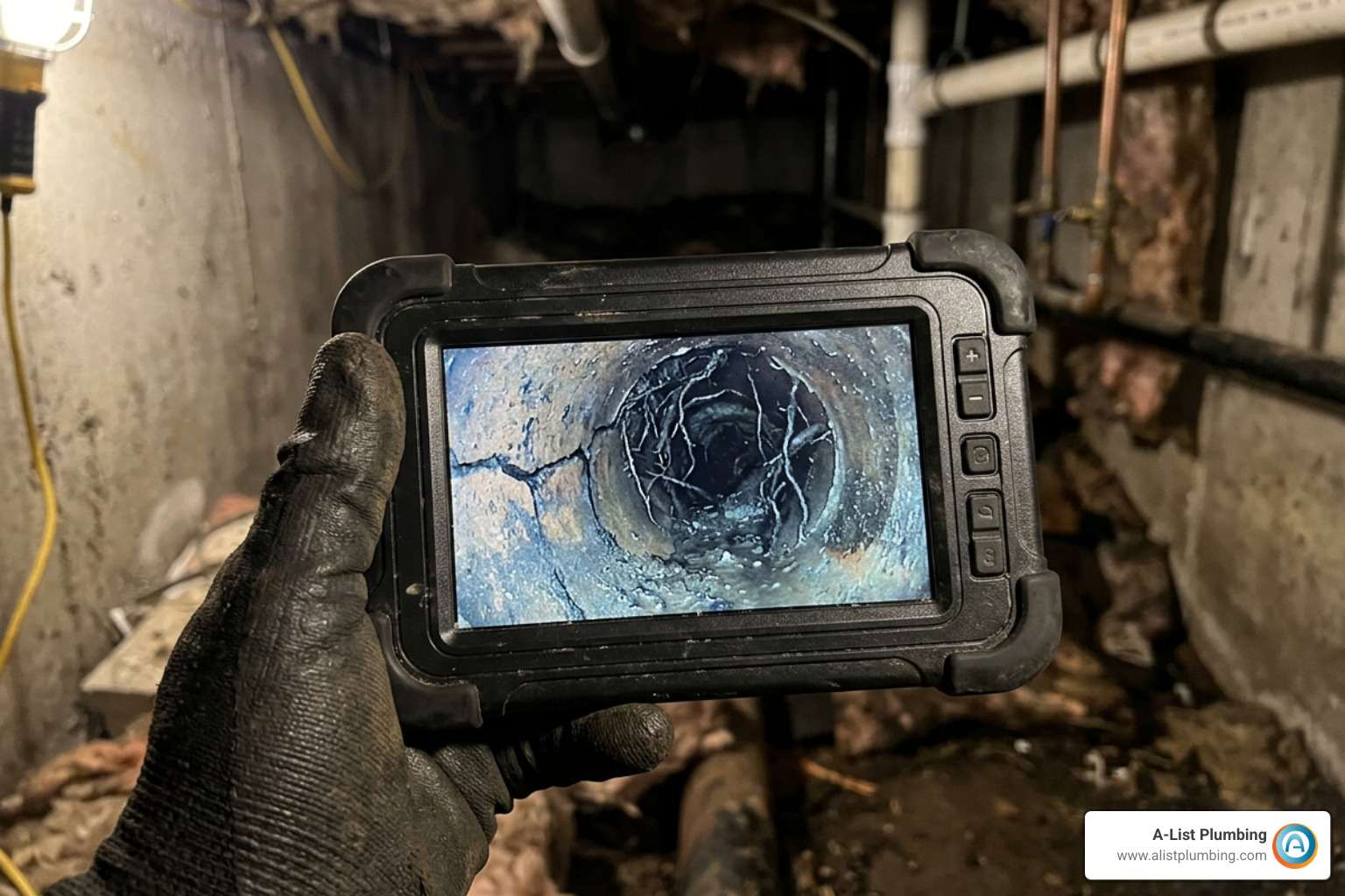 sewer camera inspection screen displaying pipe interior