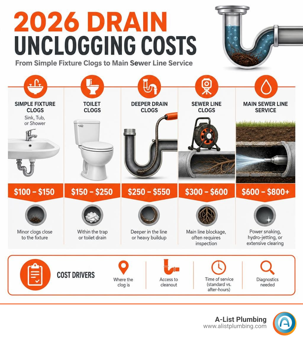 2026 drain unclogging costs from simple fixture clogs to main sewer line service infographic